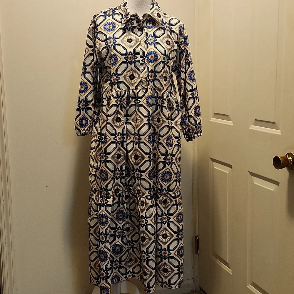 Maeve Anthropologie Blue White Pattern Midi Dress Bettina - Picture 3 of 10